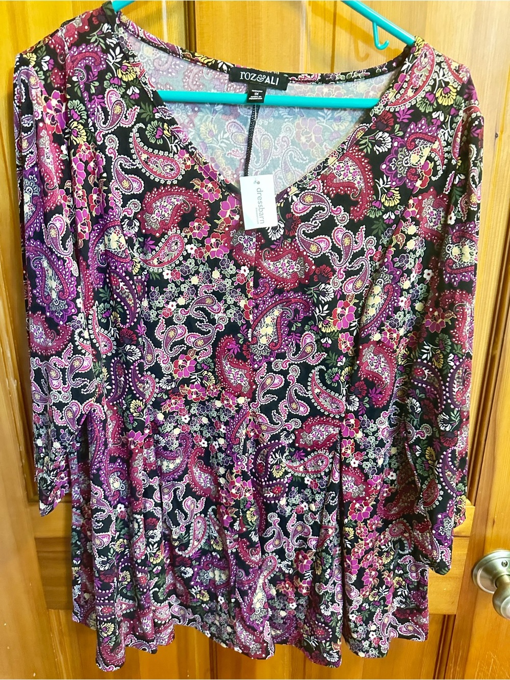 Roz & Ali Black Paisley V-Neck Tunic with Pink and Purple Floral Accents